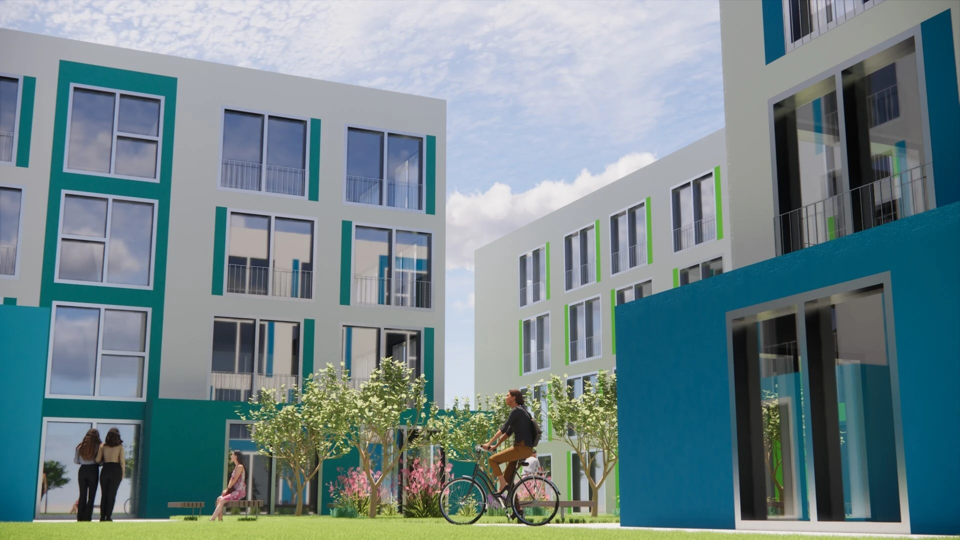 Visualisierung des Innenhofs vom Studentenwohnheim QuadroPolis in Jülich